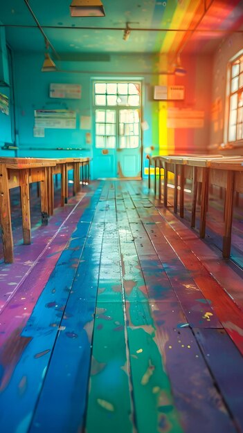 Foto farbiges klassenzimmer mit regenbogen-gemaltem boden generative ki