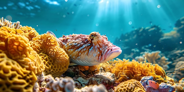 Farbiges Korallenriff mit Meereslebewesen unter Sonnenstrahlen Unterwasserfotografie lebendiges Ökosystem Korallen und Fische KI