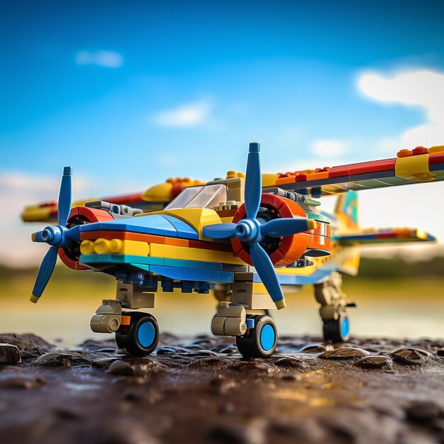 Foto farbiges lego-flugzeug fliegt im spielzeugstil über den ozean