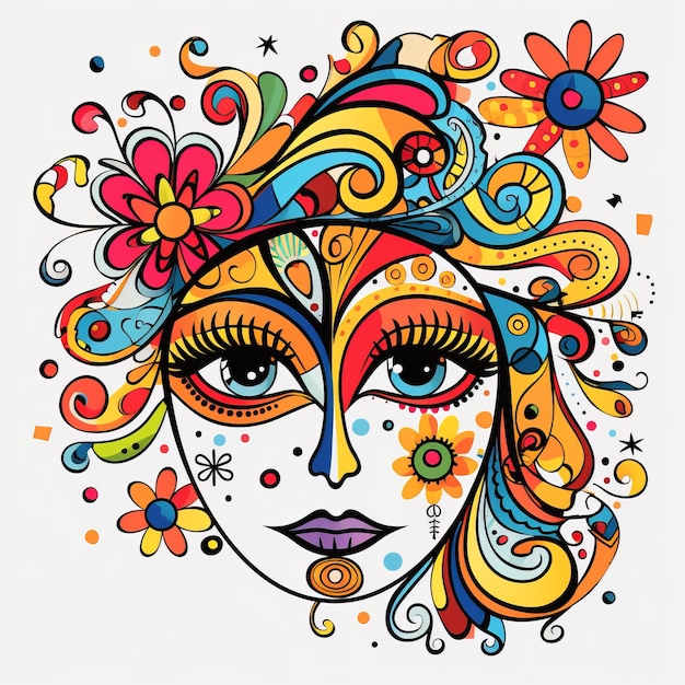 Farbiges Mädchen mit Blumen Volkskunst Doodle Clipart Vektor