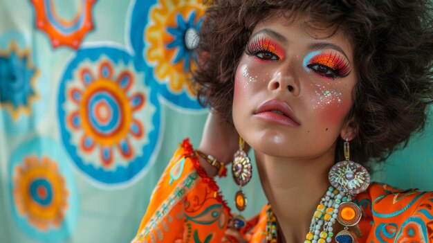 Farbiges Make-up auf junger Frau mit lebhaftem Hintergrund Modeporträt mit kühnen Mustern und