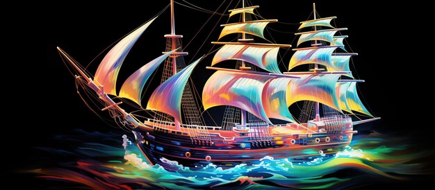 Farbiges Neon holographisches Segelboot Zeichnungsstil KI-generiertes Bild