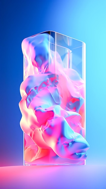 Foto farbiges neon-kreatives wirbelbild von flüssigkeit im hintergrund eines glaswürfeln flüssigkeitsvielfarbige wirbel generative ki