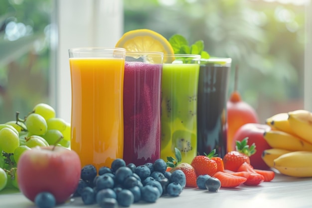 Farbiges Obst und Gemüse auf einem weißen Tisch für eine gesunde Ernährung