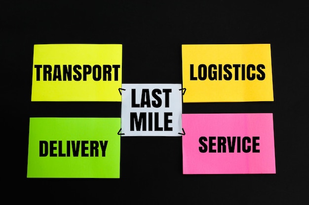 Farbiges Papier mit den Worten „Last Mile Logistics Service Delivery and Transport“.