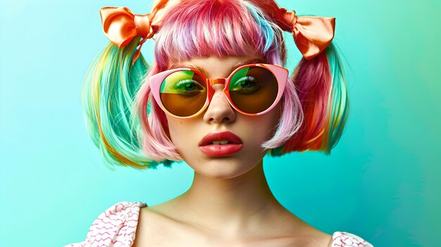 Farbiges Porträt einer jungen Frau im Pop-Art-Stil mit lebendigen Haaren und Sonnenbrille Kreativer Ausdruck und Mode Perfekt für moderne Werbe-AI