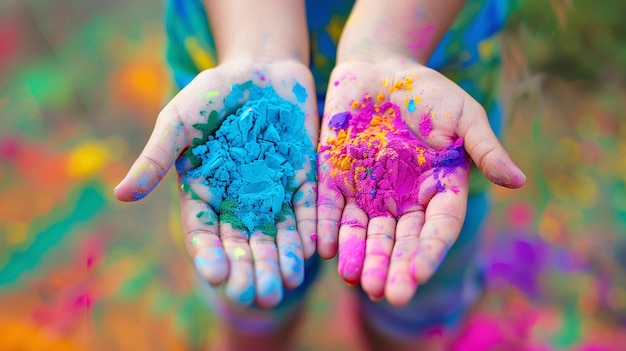 Foto farbiges pulver in den händen während des hinduistischen feiertags holi