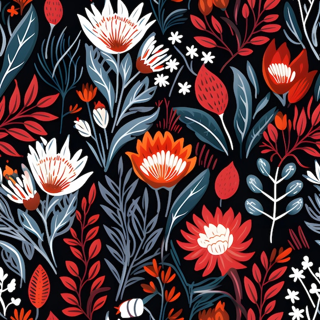 Farbiges rotes ethnisches Blumenmuster im Batik-Stil Blumen-Vintage-Wandpapier