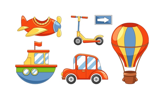 Farbiges Set von Transportelementen mit einem Flugzeug, einem Auto, einem Boot, einem Heißluftballon und einem Roller