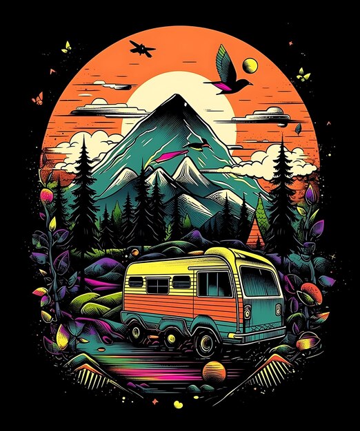 Farbiges Sommercamping-T-Shirt-Design Hintergrund-Generativ von Ai