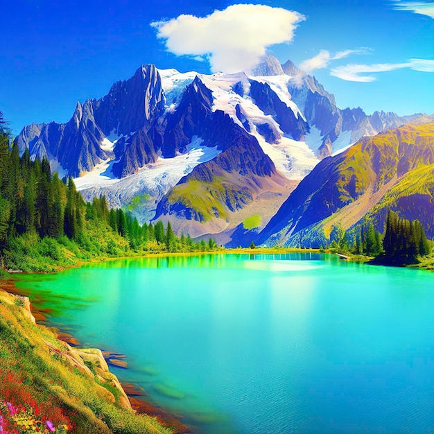 Farbiges Sommerpanorama des Lac Blanc-Sees mit dem Mont Blanc Monte Bianco im Hintergrund