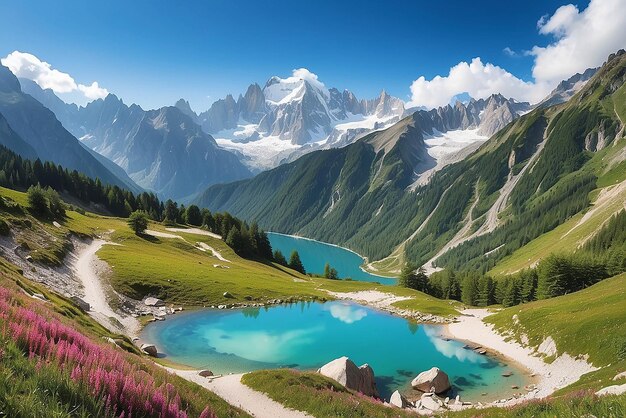 Farbiges Sommerpanorama des Lac Blanc-Sees mit Mont Blanc Monte Bianco im Hintergrund Chamonix Standort Schöne Outdoor-Szene im Vallon de Berard Naturschutzgebiet Graian Alps Frankreich Europa