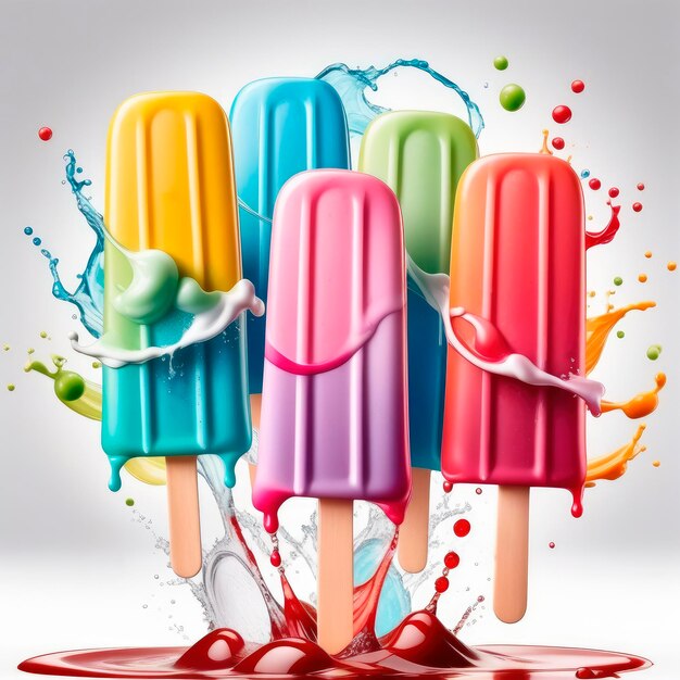 Farbiges Sortiment kalter Sommer-Popsicles auf weißem Hintergrund