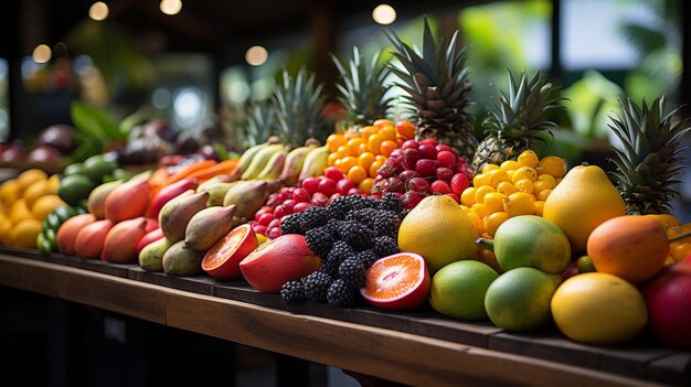 Farbiges Sortiment tropischer Früchte auf einem Marktstand