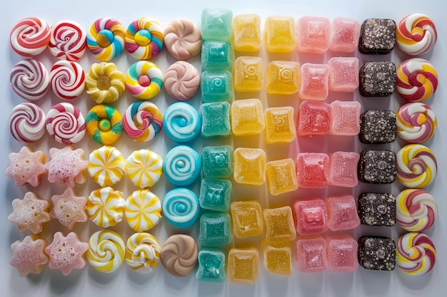 Farbiges Sortiment zuckerhaltiger Süßigkeiten und Lolli auf weißem Hintergrund für Süßigkeiten
