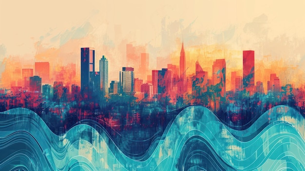 Farbiges Stadtbild mit Wassereflexion und Berg als Hintergrund