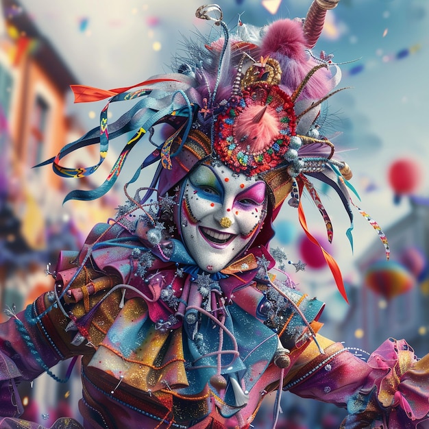 Farbiges Straßenkarnevalskostüm mit Federn Frau in lebendiger Kleidung