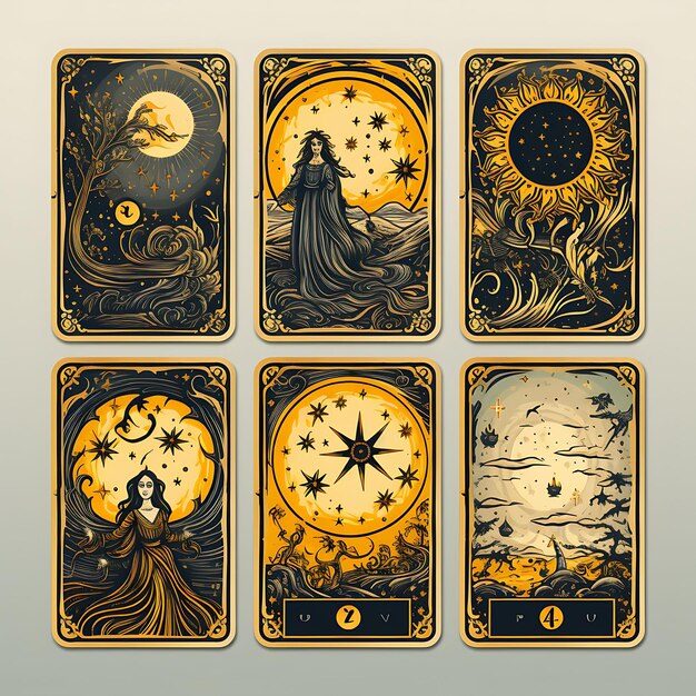 Farbiges Tarot-Kartenpapier gealterte gelbe Farbe mystische Illustration Sty kreatives Konzept Idee Design