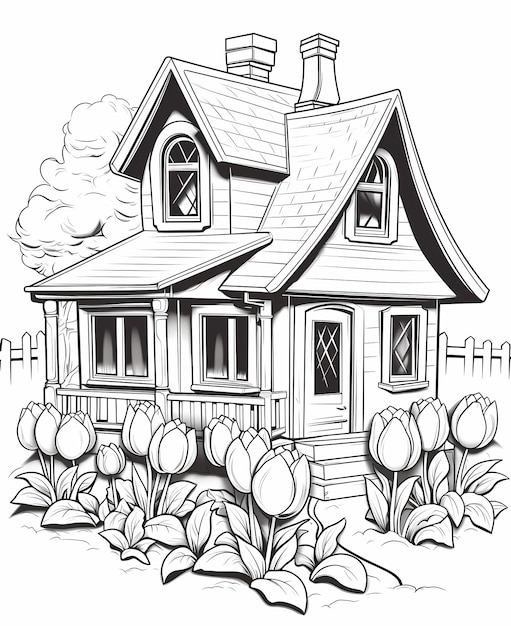 Farbiges Tulpen-Cottage CartoonStyle Malseite für junge Künstler