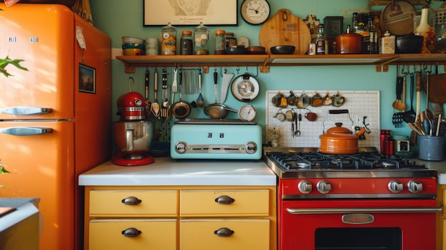 Farbiges Vintage-Kücheninterieur mit orangefarbenem Kühlschrank, Teal-Toaster, rotem Herd