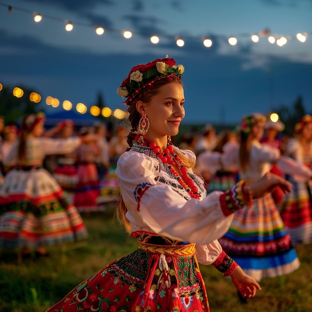 Farbiges weißrussisches Kupalle-Festival Tanzende Frau Bildfeld