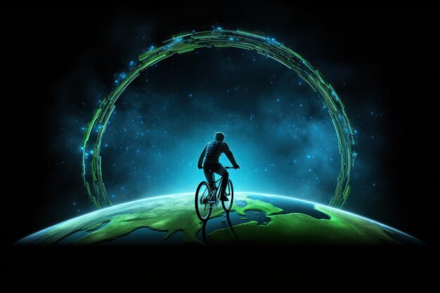 Farbillustration des Weltautofreien Tages Ein Radfahrer vor dem Hintergrund des Planeten