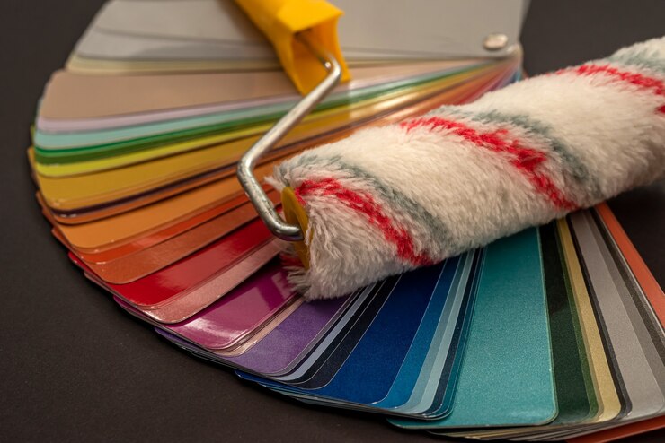Foto farbpalette bunt mit pinsel für design in möbeln