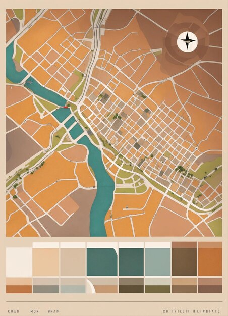 Farbpalette inspiriert von städtischen Landschaften und erdigen Tönen Reiselemente Karte Kompass Straßen