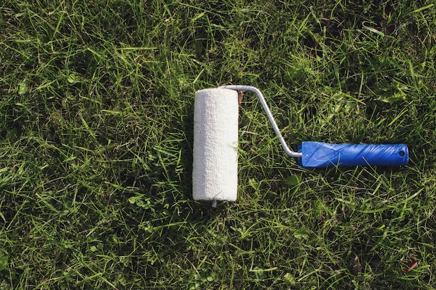 Farbroller auf echtem Gras. Konzept für grüne Ökologie.