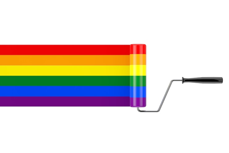 Foto farbroller-pinsel mit lgbt-regenbogen-flagge auf weißem hintergrund. 3d-rendering