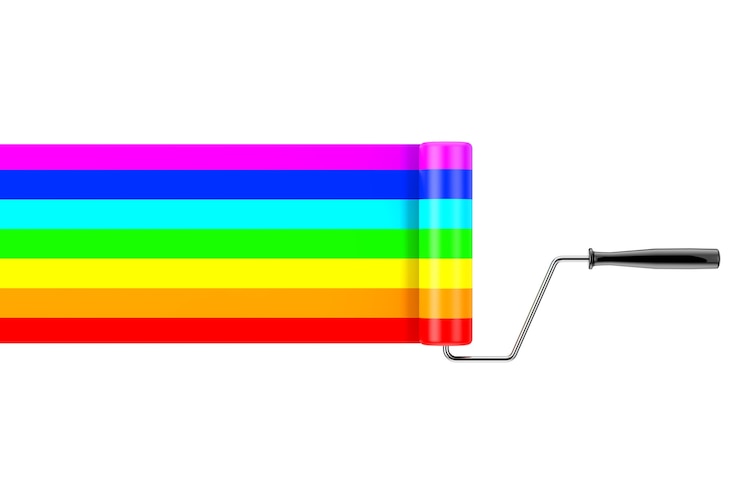 Foto farbroller und rainbow color strokes auf weißem hintergrund. 3d-rendering