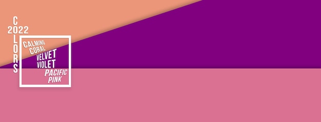 Farbtrends 2022 Banner. Farben der Jahresabbildung. Mode, beruhigende Koralle, samtiges Violett und pazifischer rosa Hintergrund