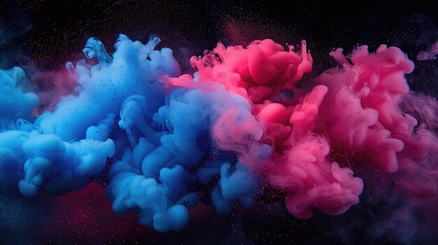 Farbtropfen im Wasser Bewegungsfarbe Explosionsrauch Blaue rosa Farbe Flüssigkeit Spritzer Dampfwolke auf Glitzer Staub Textur schwarzer abstrakter Kunst Hintergrund