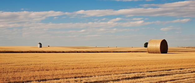 Fardo de feno em um campo de trigo com elevador de grãos feudal