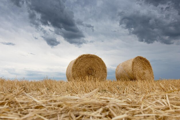 Fardos de palha em terras agrícolas Nuvens de tempestade.