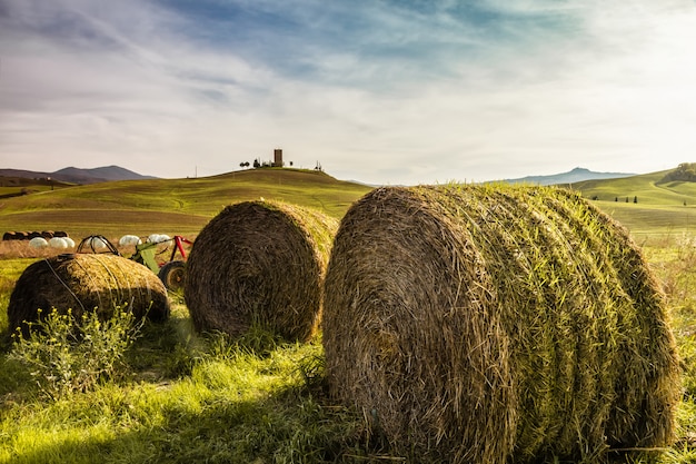 Fardos de heno en una granja al atardecer en la Toscana (Italia)