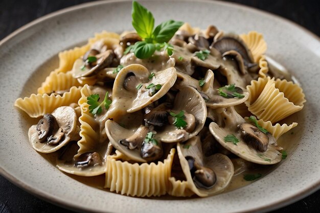 Foto farfalle con ajo cremoso y salsa de setas