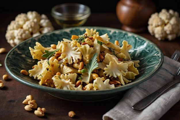 Farfalle con coliflor asado y piñones