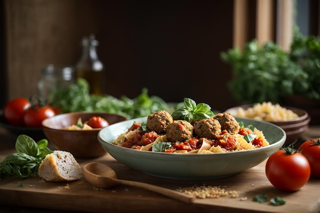 Farfalle macarrão de trigo duro com almôndegas assadas de filé de frango em molho de tomate e salada em tigela