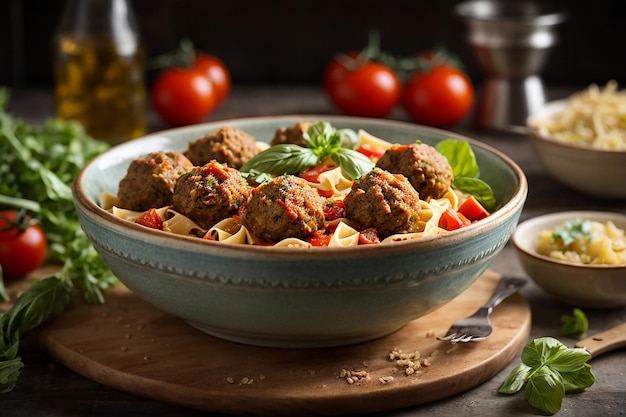 Farfalle macarrão de trigo duro com almôndegas assadas de filé de frango em molho de tomate e salada em tigela