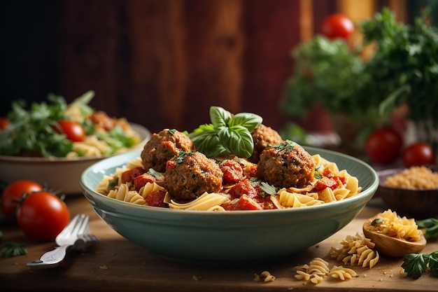 Farfalle macarrão de trigo duro com almôndegas assadas de filé de frango em molho de tomate e salada em tigela