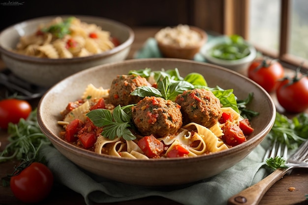 Farfalle-Nudeln aus Hartweizen mit gebackenen Hähnchenfiletbällchen in Tomatensauce und Salat in einer Schüssel