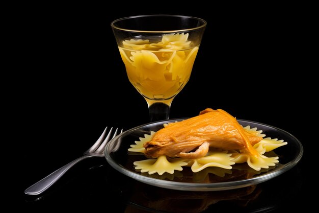 Foto farfalle con pierna de pollo y tenedor con jugo de naranja en superficie negra