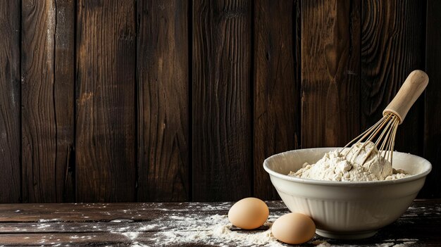 Foto farinha caseira com ingredientes de rolo para cozinhar em mesa de madeira escura top view espaço de cópia