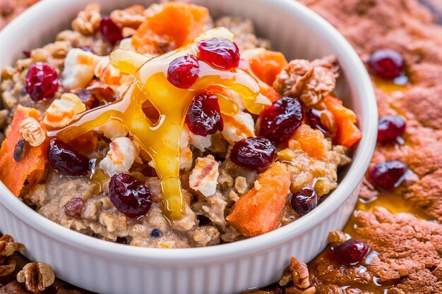 farinha de aveia assada com nozes de cenoura e passas servida com cranberry confitada