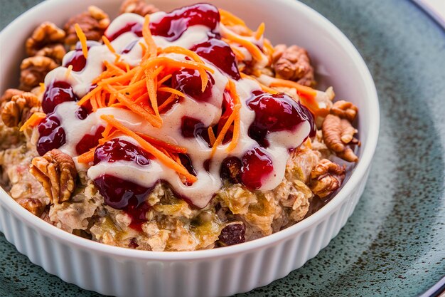 farinha de aveia assada com nozes de cenoura e passas servida com cranberry confitada