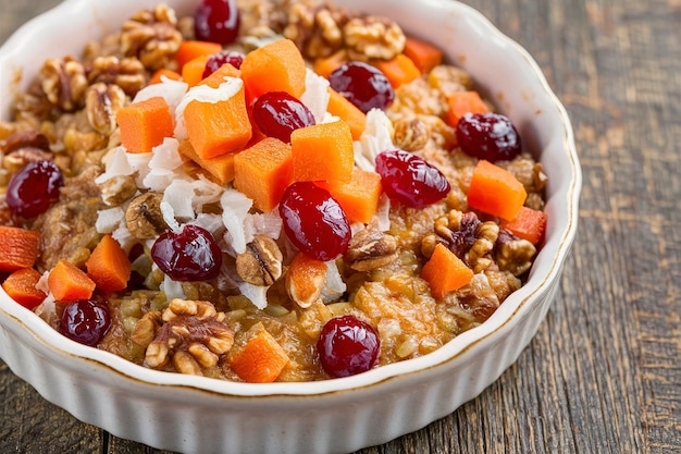 farinha de aveia assada com nozes de cenoura e passas servida com cranberry confitada