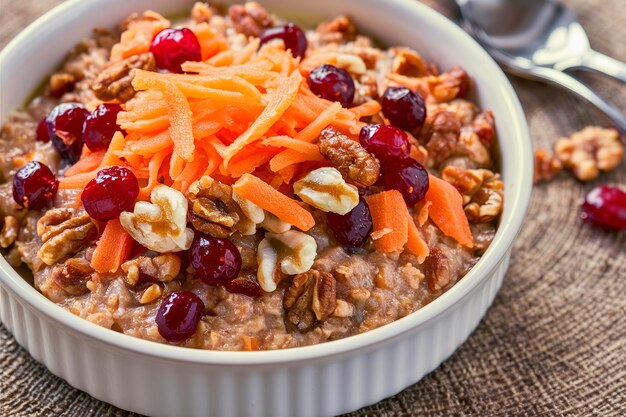 farinha de aveia assada com nozes de cenoura e passas servida com cranberry confitada