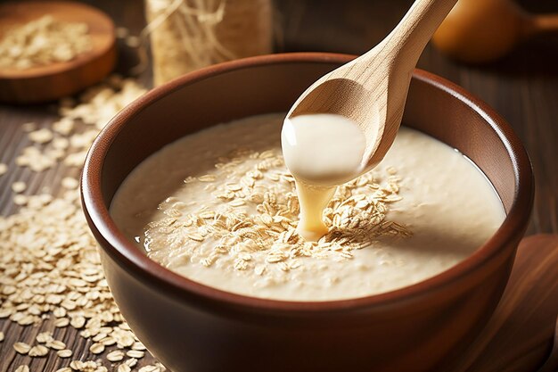 Foto farinha de aveia sendo misturada em uma sopa cremosa