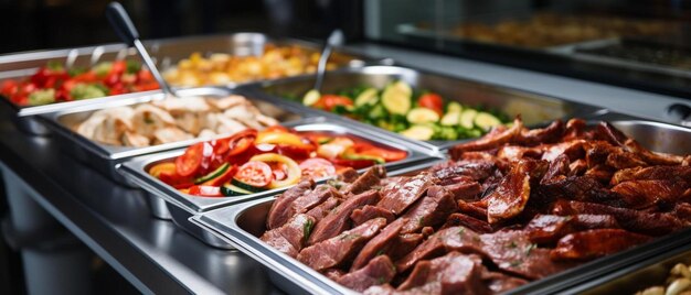 Foto farinha de carne preparada em uma bandeja grande em uma linha de buffet